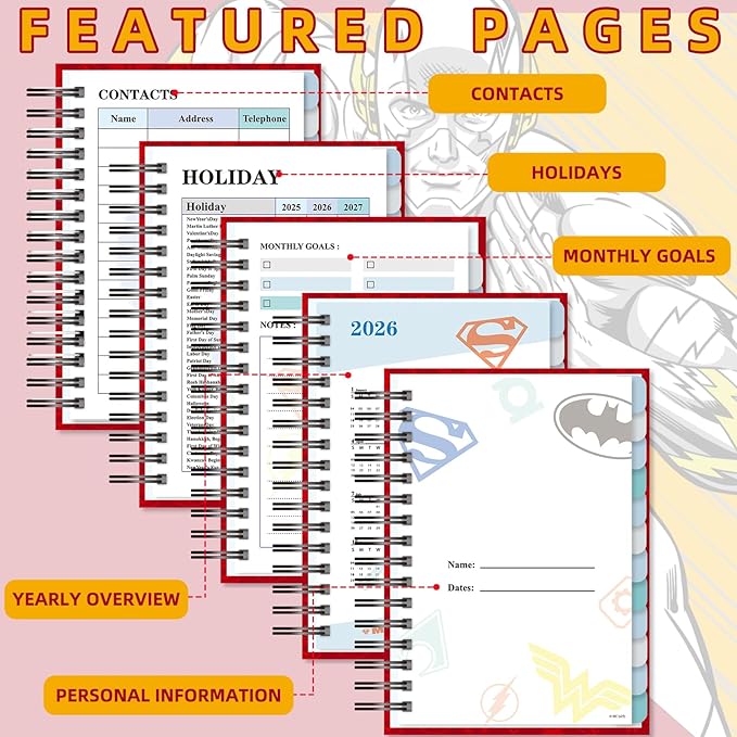 Superhero Large Planner - Undated Daily, Weekly & Monthly Life Planner, 2025 2026 2027 Calendar & Holiday Habit Tracker, Monthly Tabs, 12 Months Spiral Notebook for Office School Gift Supplies(Red)