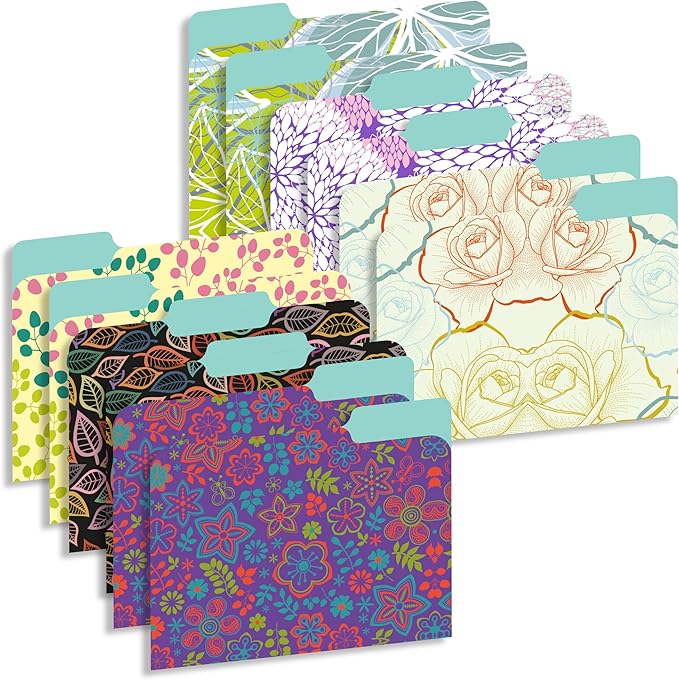 New Generation - 12 Pack Decorative 1/3 Cut Tab File Folders with Patterns Designs, Heavyweight, Letter Size (9.5" x 11.5") Laminated, Fashion Folders, for Home or Office. (Floral)
