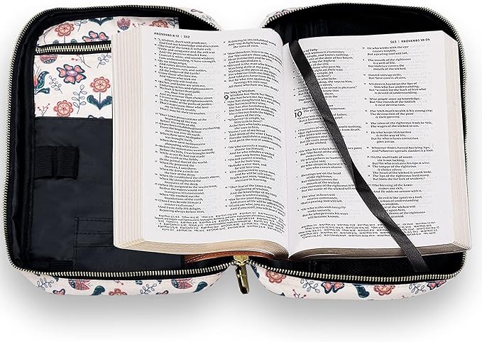Performore Bible Cover Case for Women and Girls, Large Floral Bible Bag with Handle and Pockets, Water-Resistant Zippered Carrying Case, Fits Study Books 10.2 x 7.5 x 2.7 In, Christian Gift