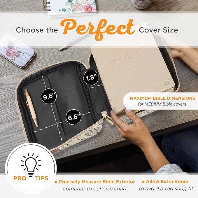 Christian Art Gifts Women's Premium Natural Canvas Vegan Leather Fashion Bible Cover: Amazing Grace - Inspirational Scripture, Sturdy Protective Book Carry Case Accessory, Creamy Brown Floral, Medium