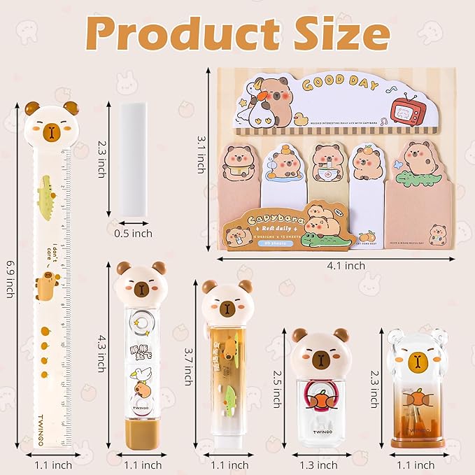 7Pcs Cute Capybara Stationary Set Kawaii School Supplies Japanese Stationery, Includes Pencil Sharpener, Eraser, Correction Tape, Glue Tape, Sticky Notes, Ruler, for Office School Supplies