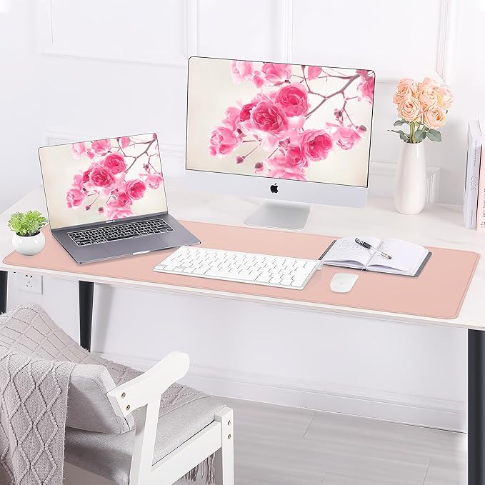 AFIING Large Desk Mat 47.2" x 17.5", Leather Desk Pad Protector with Natural Cork & PU Leather, Non-Slip Office Desk Mat, Double-Sided Mouse Pad, Waterproof Large Desk Pad for Office and Home (Pink)