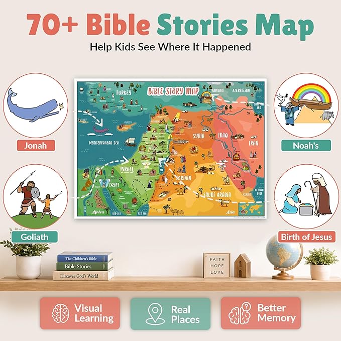 Bible Story Map Poster for Kids, Laminated 17.5" x 24" – 70+ Illustrated Bible Stories for Kids, Classroom & Homeschool, Bulletin Board, Sunday School Educational Wall Chart + 4 Printable Worksheets
