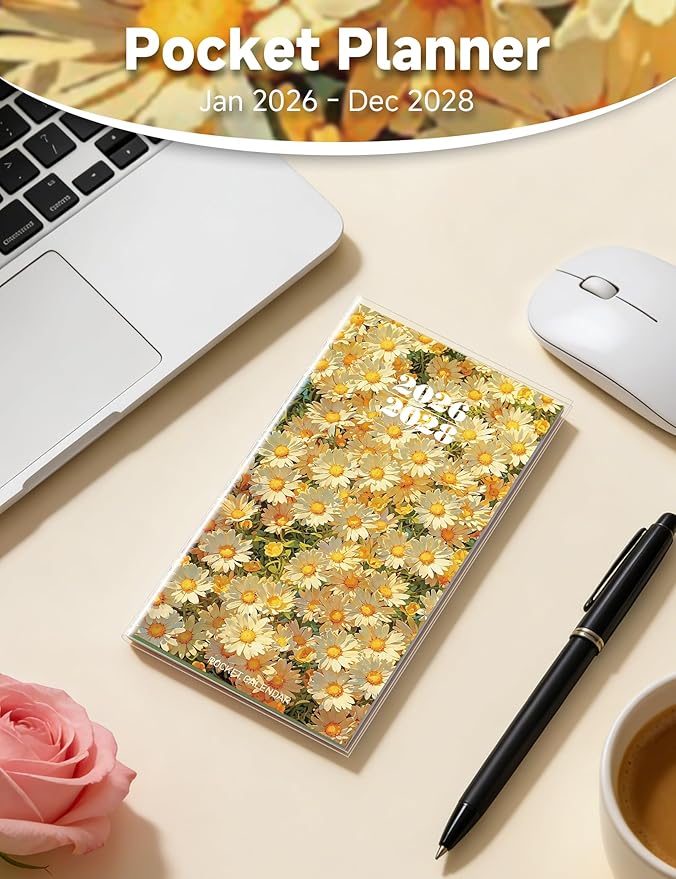 Pocket Calendar 2026-2028 Floral Series, Monthly Planner Jan 2026 to Jul 2028 (3.7" x 6.7") Perfect Purse Calendar, Pocket Agenda with Protective Plastic Sleeve-Daisy