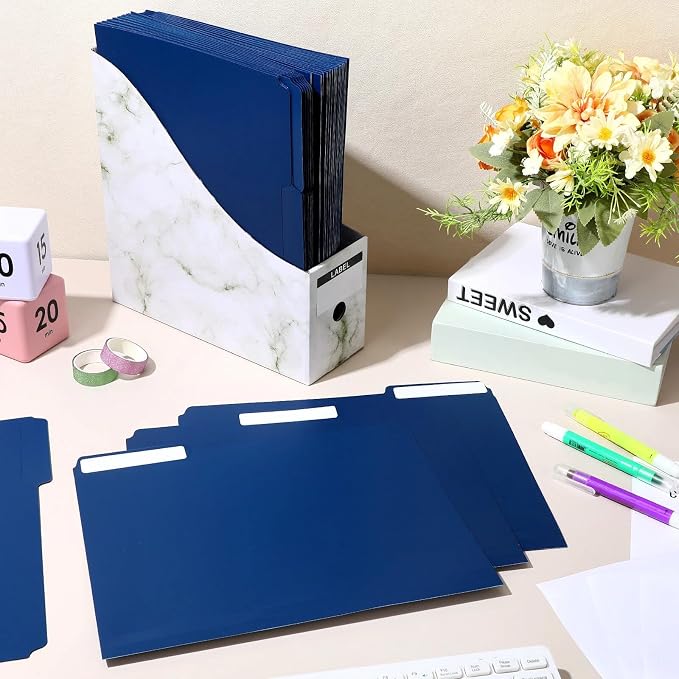 48 Pack Colored Plastic File Folders with Tabs and Sticky Labels Sturdy 1/3 Cut Tab Manila File Folders Letter Size 8. 5 x 11 Inch for Office Home Supplies Organizer Documents(Navy Blue)