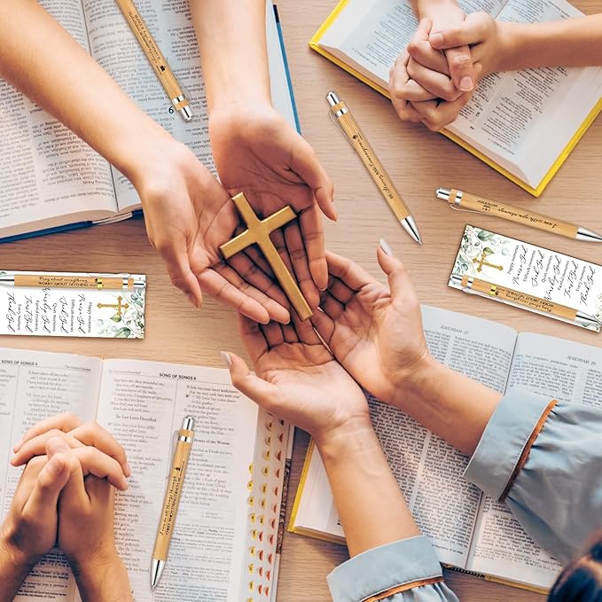 50 Sets Christian Religious Gifts Bulk Mothers Day Bible Verse Bamboo Pens and Christian Bookmarks Father's Day Inspirational Gifts for Teacher Church Bible Members VBS Women Coworker