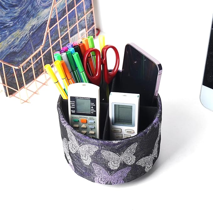 Round Leather Art Supply Organizer,Remote Control Holder,360-degree Rotating Pen Organizer with 4 Compartments(1-Butterfly Purple)