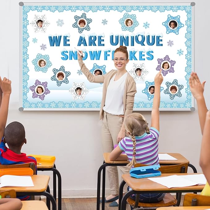 QOUBAI Winter Bulletin Board Decorations Snowflakes Paper Cutouts DIY Photo Crafts Christmas Bulletin Board Set for Winter Holiday Classroom Chalkboard Wall Door Decor Home School Supplies