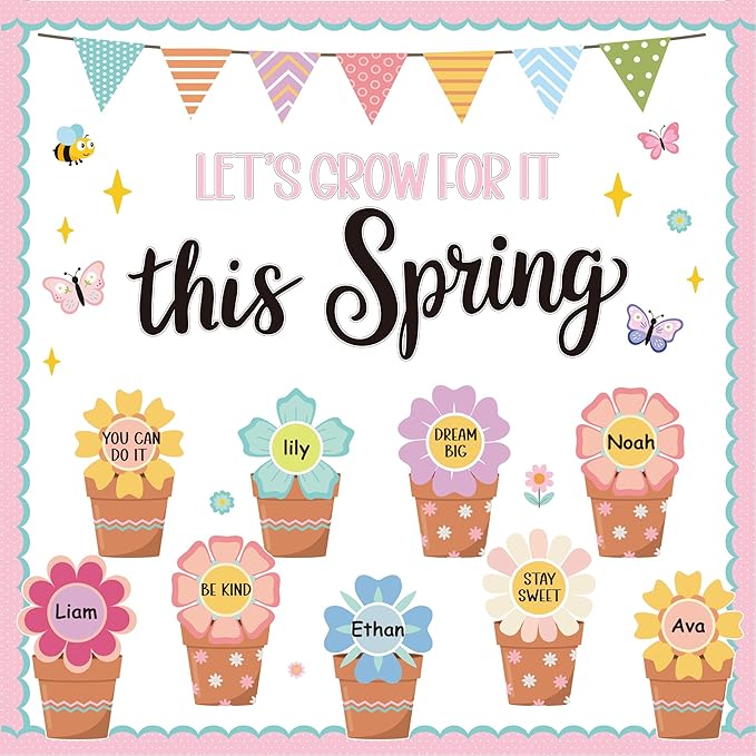 Spring Floral Bulletin Board Set Lets Grow Bulletin Board Spring Inspirational Flower Classroom Decor Spring Flower DIY Paper Cutout Positive Floral Decor for Office Door Wall Home Teacher