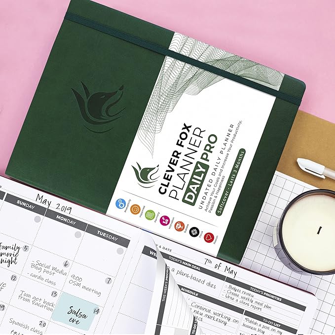 Clever Fox Planner Daily PRO - 8.5 x 11" A4 Size Daily Life Planner and Gratitude Journal to Increase Productivity, Time Management and Hit Your Goals - Undated - Lasts 3 Months (Forest Green)