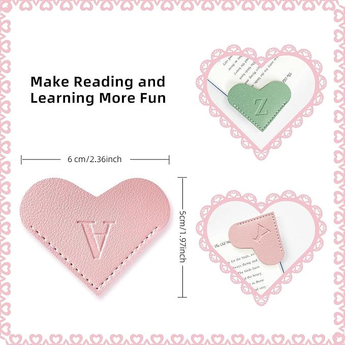 6Pcs Personalized Leather Heart Bookmark with Initial,26 A-Z Letters Cute Corner Book Mark for Reading,Book Page Accessories for Women, Book Lovers, Teachers, Students Gifts