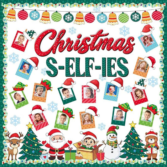 55 PCS Winter Bulletin Board Decorations Christmas Selfie Bulletin Board Decor Selfie Cutouts DIY Photo Crafts Snowman Decorations Winter Classroom Christmas Decorations for School Home Holiday Party