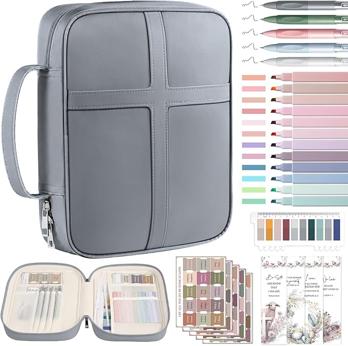XKDOUS Large Bible Cover, Bible Bag with Handle, Durable Cross Design Bible Case with Bible Accessories, Bible Cover Case for Women and Men, Christian Gift (Gray)