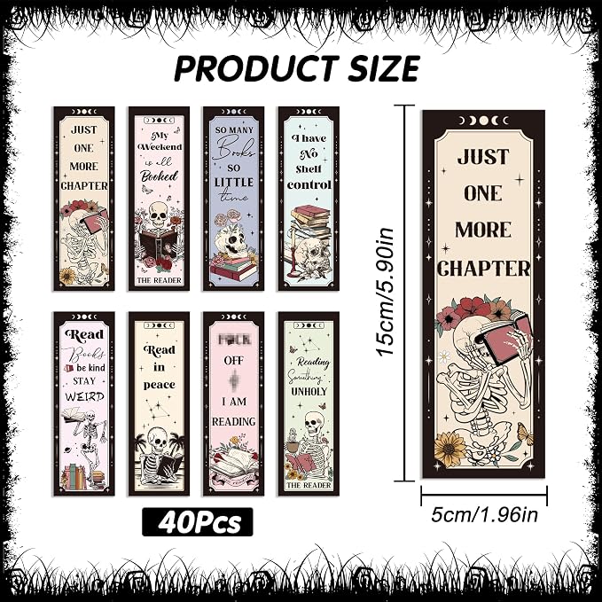 Gothic Skull Bookmarks Gifts: 40 Pcs Skeleton Reading Book Marks Bulk, Horror Theme Page Marker Clips for Women Men Book Lovers, Spooky Gifts for Halloween School Office Supplies