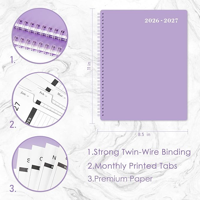 Monthly Planner 2026-2027 - Planner 2026-2027, 26-27 Monthly Calendar, JUL 2026 - DEC 2027, 18-Month with Tabs, Pocket, Label, 9" * 11", Purple Cover