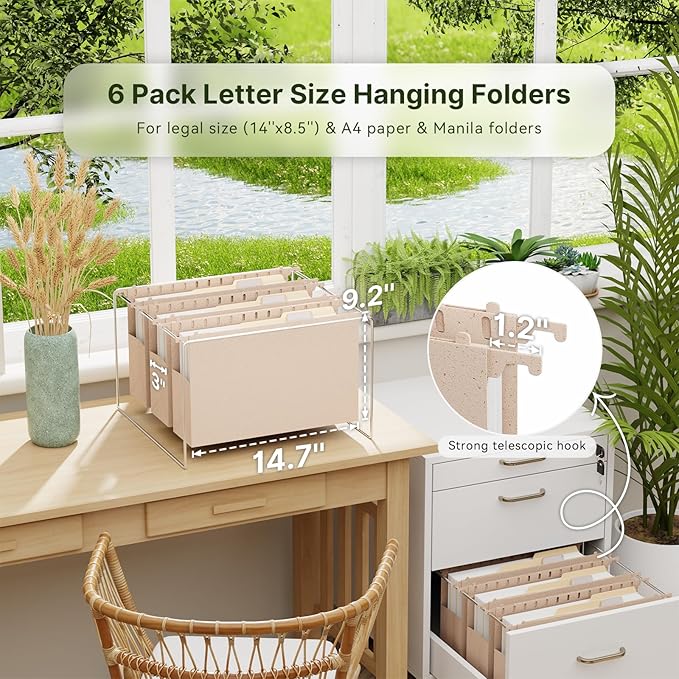XINGIA Legal Size Hanging File Folders Extra Capacity,Wheat Straw 3 Inch Expanding File Folders Hanging with Tabs,6 Pack Plastic Hang Folders for File Cabinets, Pink File Folders for File Frame