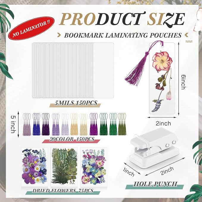 Fuyoooo 376 Pcs Dried Flower Bookmark Making Kit, DIY Bookmark Laminating Pouches with Tassels and Puncher, Handmade Craft Kit for Women, DIY Gifts for Book Lovers (Purple,2 x 6 Inch)