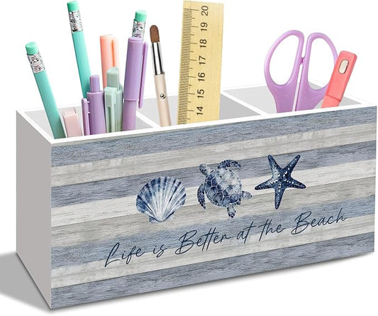 Coastal Beach Pen Pencil Holder for Desk Decor, Inspirational Ocean Office Desk Accessories, Blue Turtle Coastal Pen Holders Organizer for Office Bathroom, Life Is Better at the Beach