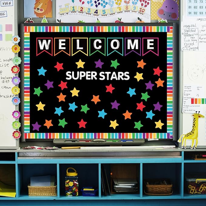 JarThenaAMCS 83Pcs Welcome Banner Bulletin Board Decoration Super Stars Paper Cutouts with 200Pcs Glue Points Colorful Bulletin Border Stickers for Back to School Office Home Decor
