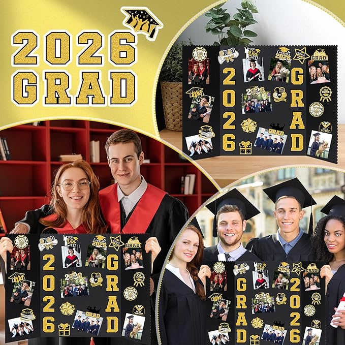 4 Set Graduation Photo Display Board, Class of 2026 Black Gold Trifold Poster Board with Grad Pattern Stickers, Graduation Photo Props Collage for Multiple Pictures Party Decorations, 16x24 Inch