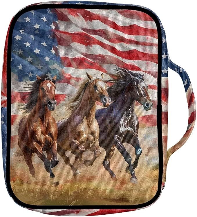 Suobstales American Flag Horse Print Bible Covers for Women Men,Carrying Book Bible Case Church Bag Lightweight Bible Bag Bible Protective with Handle and Zippered Pocket