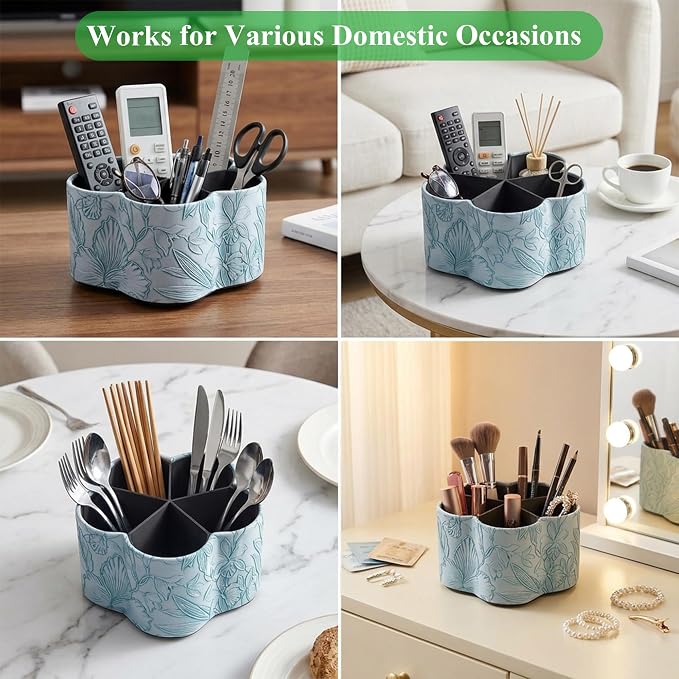 Flower Shaped Leather Art Supply Organizer,Remote Control Holder,360 Degree Spinning,Multi-Functional Pencil Holder,5 Compartments Desktop Stationary Organizer(1-Flower Blue)
