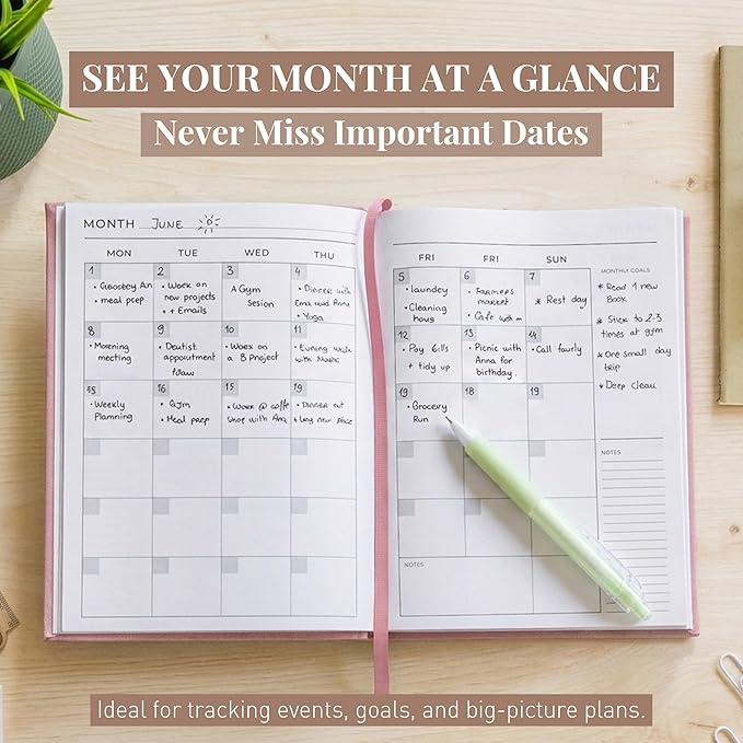 Rileys & Co Undated Daily Planner 8 x 6 in, Day Schedule Planner & Agenda Book, Journal with Goal & Habit Tracker, No Dates Dateless Annual Organizer for Work, School & Home - Pink