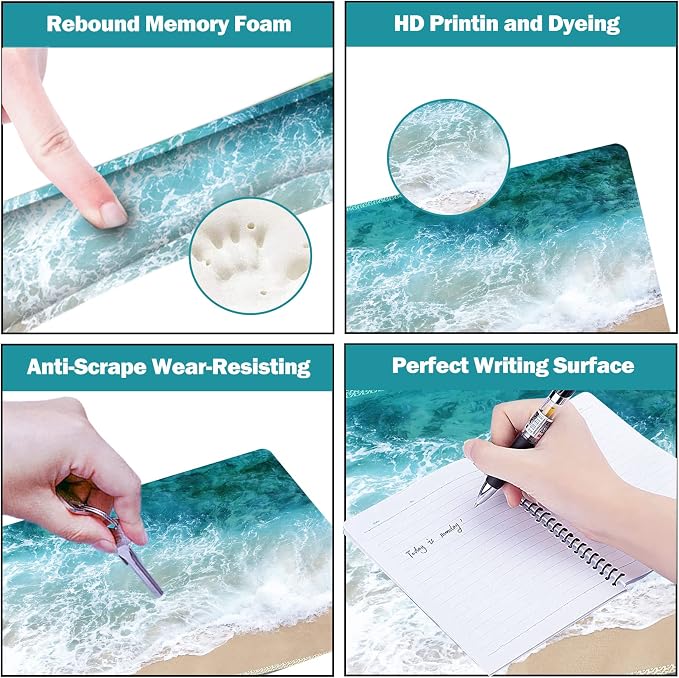 ARTSO Extended Gaming Mouse Pad Set, Keyboard Wrist Rest Support Pad + Wrist Cushion + XXL Large Mouse Pad + Coaster, Stitched Edge, Non-Slip, Memory Foam Desk Mat, Beach Waves