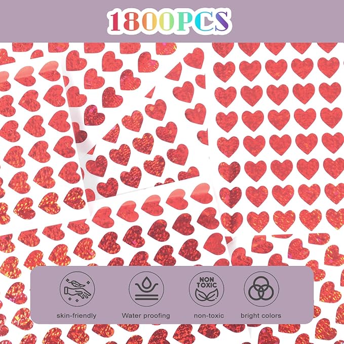 1800 Holographic red Heart Stickers，Shimmering Laser-Cut red Heart Stickers，The Perfect Choice for Valentine's Day Gift Decorations，Also Ideal for Reward Charts，Valentine's Day red Heart Stickers