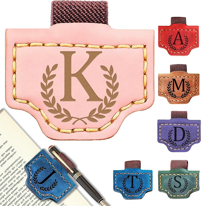 Personalized Leather Magnetic Bookmark with Pen Holder, Bookmark 26 Letters Name Initial Bookmarks for Readers, Book Lover Gifts for Women Men Notebook Accessories (Pink, K)
