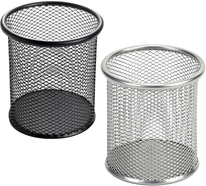 Set of 2 Mesh Pen Holders, Metal Round Pencil Cups Desk Organizer, Sturdy Wire Stationery Supplies Storage Stand for Office School Classroom Home Workspace Desktop Decor Accessories - Black & Silver