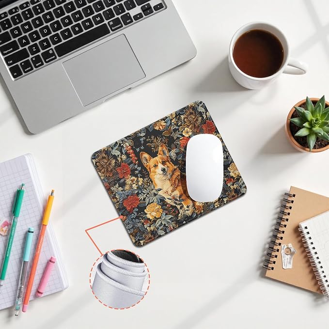 Vintage Floral Corgi Mouse Pad, Dog Lover Gifts for Women, Cute Cottagecore Puppy Animal Mouse Pad for Home Office Computer Gaming Desk Essentials, 9.5x7.9 Inch