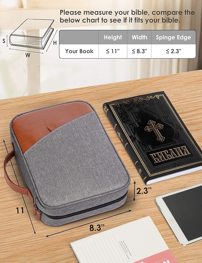 heouvo Bible Covers for Men, Bible Carrying Case with Pockets/Leather Handle, Multi-Functional Large Size Zippered Bible Bag, Great for Bible Study/Daily Use, Bible Case for Men (Gray)