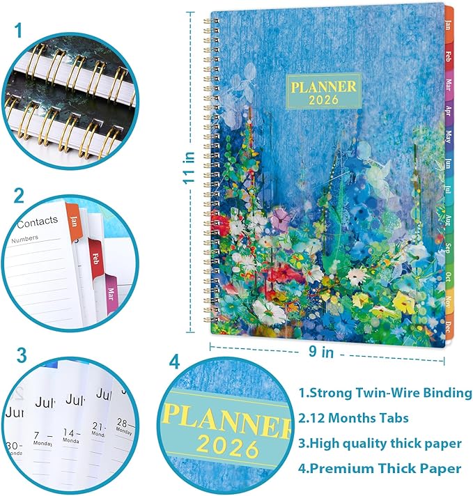2026 Planner - 9" x 11", 2026 Planner Weekly & Monthly, JAN.2026 - DEC.2026, 2026 Calendar with Sturdy Cover, Premium Paper, Twin-wire Binding, Monthly Tabs
