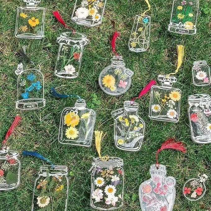LiveOnce 60pcs DIY Dried Flower Bookmarks - Transparent PET Bookmark Kits with Tassels, Clear Sticky Sheets for Pressed Flowers, Leaves, Nature Craft, Gifts (10.5x7.5cm)