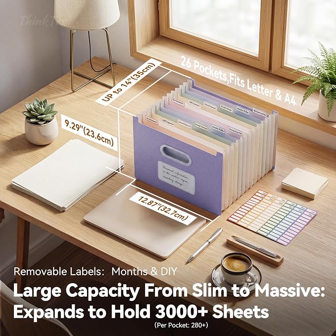 ThinkTex 12-Pocket Accordion File Organizer, Upright Open Top, Monthly Tabs, High Capacity Wheat Straw Expanding File Folder, Fits Letter A4 & Manila Folders for School Home Office -Lavender Purple