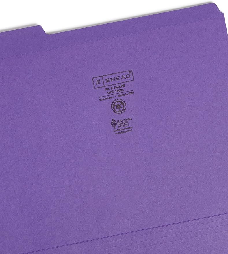 Smead File Folder, Reinforced 1/3-Cut Tab, Letter Size, Purple, 100 per Box (13034)