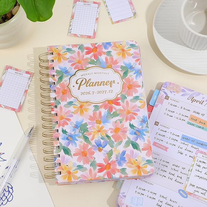 Planner 2026-2027, Floral 18 Months Academic Daily Weekly Monthly Planner Yearly Agenda July. 2026–Dec. 2027, 5.58" x 6.3", Month Tabs, Pocket Folder, Bookmark, Stickers,Ruler with Sticky Note Set