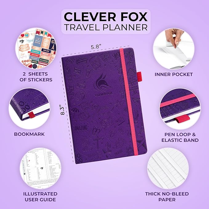 Clever Fox Travel Journal – Vacation & Trip Organizer with Budget Plan, Packing List, Travelling Expense Tracker, A5 (Purple)