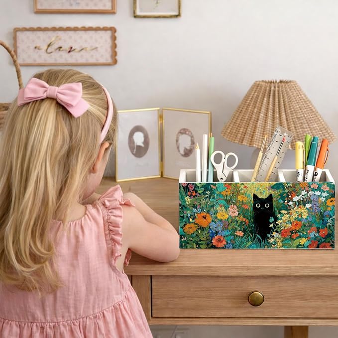Black Cat Desk Organizer Wooden Pen Pencil Holder for Desk, 3 Compartments Office Desk Accessories, Floral Cat Desk Decor, Cute Cat Lover Gifts for Women Home Office Storage