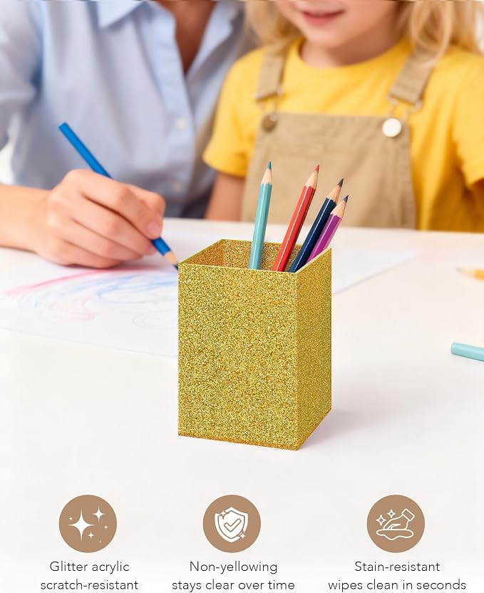 Gold Acrylic Pen Holder, Acrylic Makeup Brush Storage Organizer, Pencil Pen Holder for Desk, Modern Desktop Accessories for Office School Home Supplies
