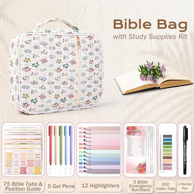 XKDOUS Bible Bag for Women Large Bible Cover Case Kit with Handle, Tabs, Study Supplies Journaling Kit Church Book Holder Quilted Carrying Case Christian Gifts for Lady Friends