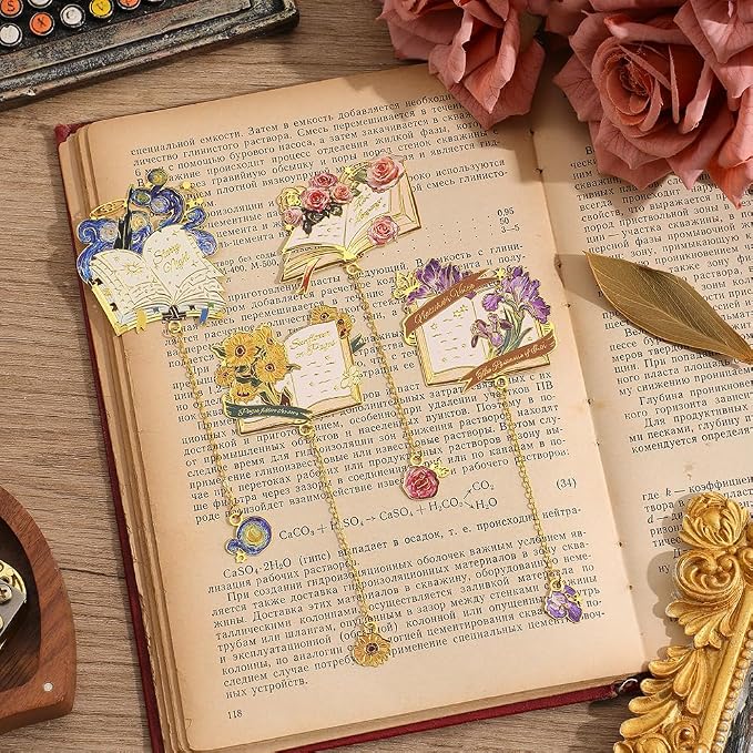 icceemee 4pcs Metal Oil Painting Theme Bookmarks with Bookmarks for Women, Writers, Readers Durable Book Markers Book Accessories Unique Gifts for Men, Women