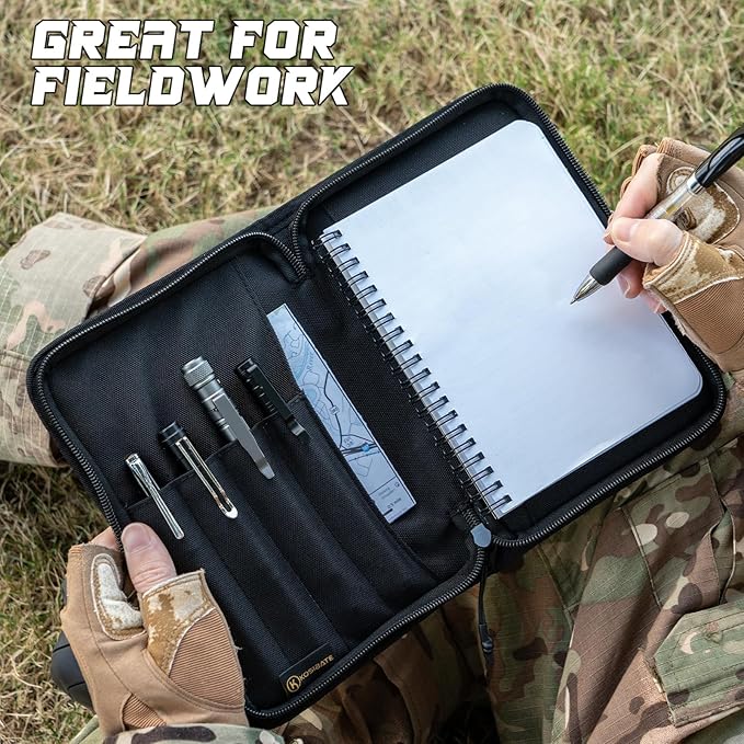 Kosibate Tactical Notebook Cover with Zipper,7.5x5 Inch OCP Military Notebook Cover, Detachable Army Field Tactical Portfolio Organizer with Flag Patch, for Protecting Notes, Book(Black, Cover Only)