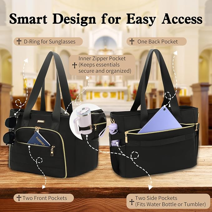 Large Bible Bag for Women, 2-in-1 Bible Tote with Detachable Embroidered Bible Cover & Study Supplies, Church Bible Study Bag, Gift-Ready Christian Gift for Women (Black)