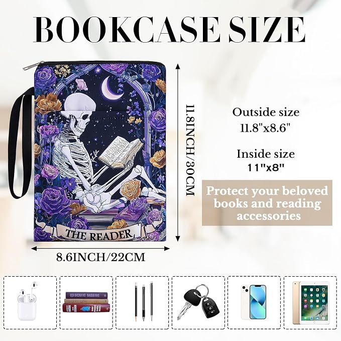 Gothic Skeleton Book Sleeve - Floral Books Covers Protector with Zipper and Pocket for Paperbacks Reading Lover Accessories Birthday Halloween Christmas Gift for Women Teacher Student