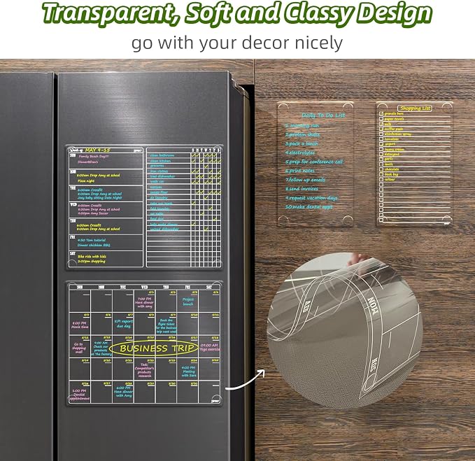 JJPRO Non-Magnetic Calendar for Fridge-Clear Monthly Calendar,Weekly Planner,List and Blank Board -Reusable Board Sticks to Fridge,Wall,Door&Glass,Non Magnetic Fridge Calendar