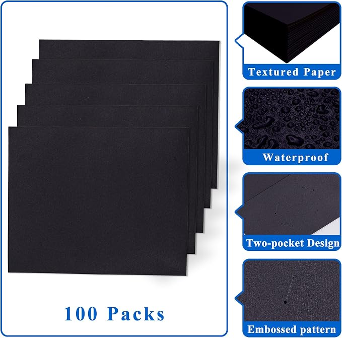 Zzrywuty 100 Packs Black Two Pocket File Folders with Business Card Slot,Textured Paper,Letter Size,Holds 100 Sheets for School,Office,Business