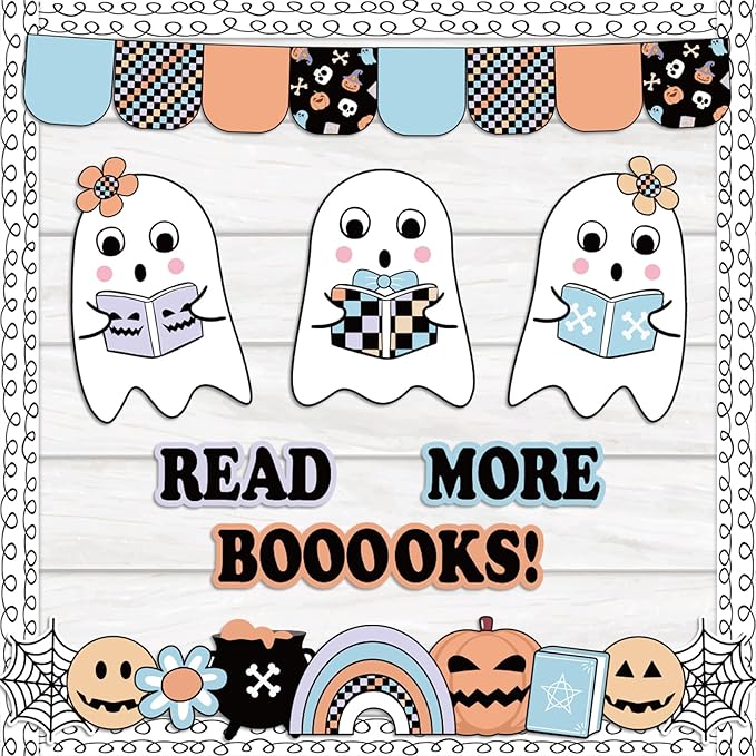 Halloween Bulletin Board Decorations Set, Boho Halloween Ghost Classroom Decor with Cute Ghost Paper Cutouts Border Trims for Back to School Teacher Nursery Classroom Wall Door Decor