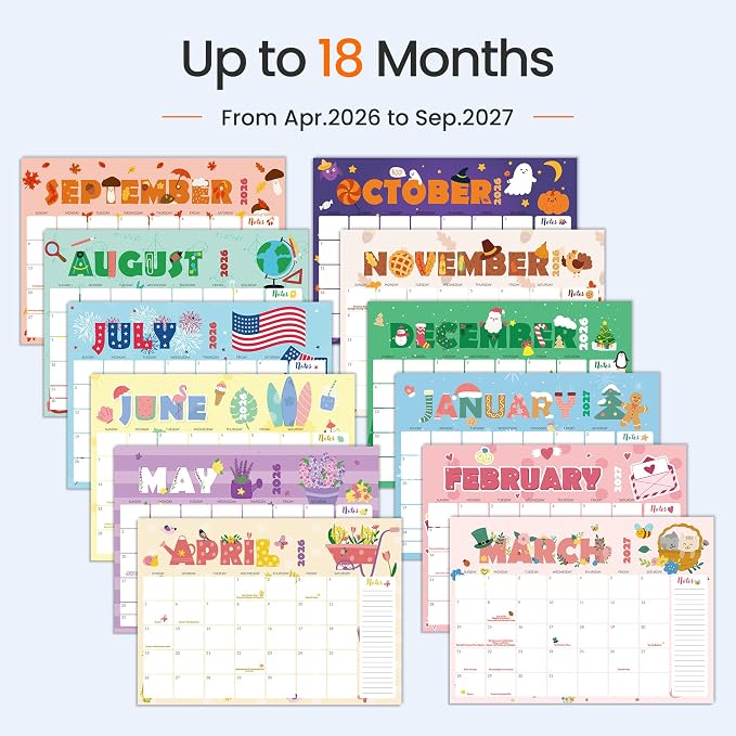 SUNEE Desk Calendar 2026 17x12, 18 Months, Apr. 2026 to Sep. 2027, Academic Calendar 2026-2027, School Year Large Desktop Calendar Monthly for Teacher, Cute with Note